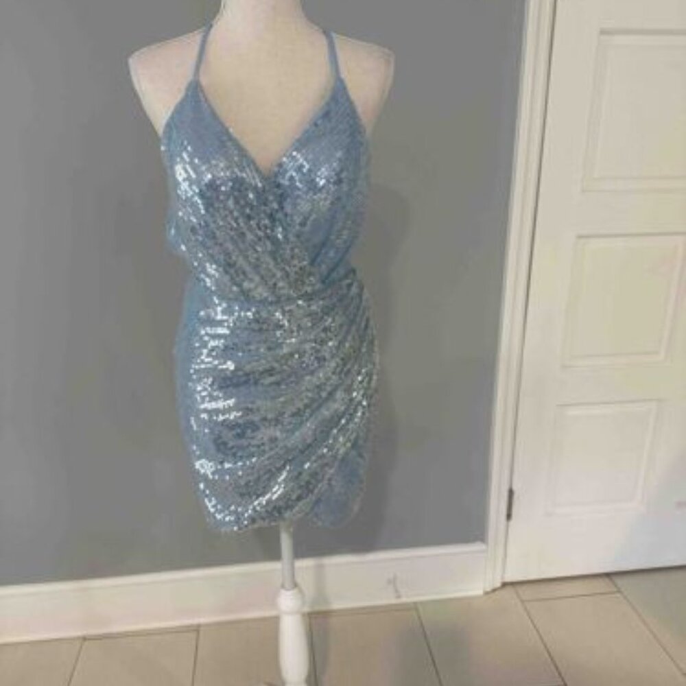 Light Blue Sleeveless Sequin Wrap Cocktail Dress